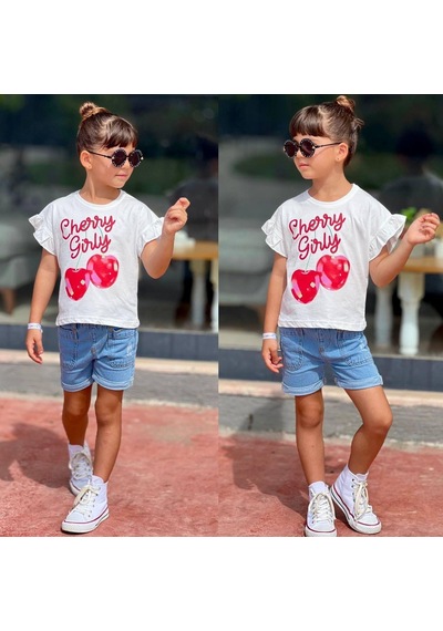 Cherry Girly Serisi Kız Çocuk Denim Şortlu Yazlık - 2'li Takım-71799 Beyaz