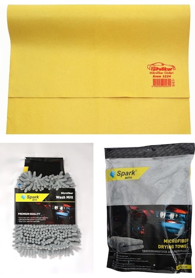 Polikur 3224 Güderi Oto Kurulama Bezi & Spark 7050 Oto Eldiveni & Spark 2316 Peluş Bez 3'lü Set