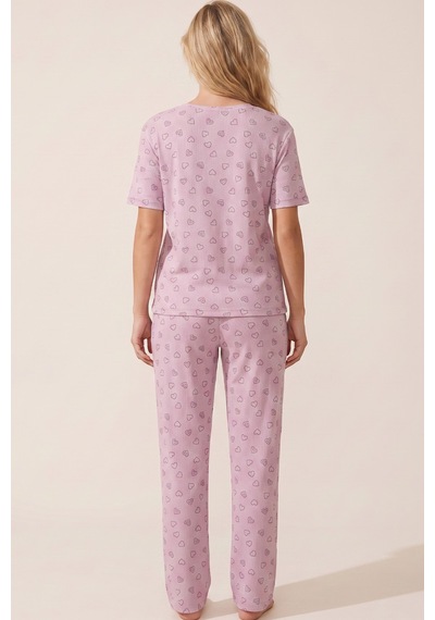 Siyah İnci Pamuklu Fitilli Kaşkorse Örme Pijama Takım 26120402 Lila Kalp