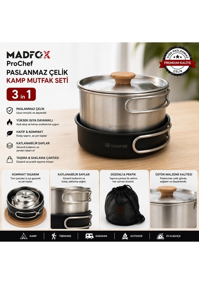 Madfox Prochef 3ın1 Paslanmaz Çelik Kamp Mutfak Seti Siyah