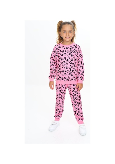 Lolliboomkids Yumuşak Dokulu 2 İplik Fuşya Pembe Ton Leopar Baskılı Alt Üst Eşofman Takımı Leopar