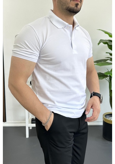 Erkek Slim Fit Düz Renk Pamuklu Soft Polo Tişört Beyaz Edw365 Beyaz