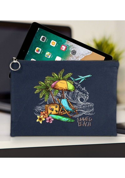 Bk Gift Yaz Temalı-9 Lacivert Tablet Çantası 30x21cm, Apple iPad Uyumlu Çantası, Baskılı Tablet Kılıfı