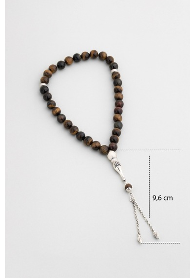 Doğal Kaplan Gözü Taşlı 24 Cm Gümüş Tesbih Beyaz