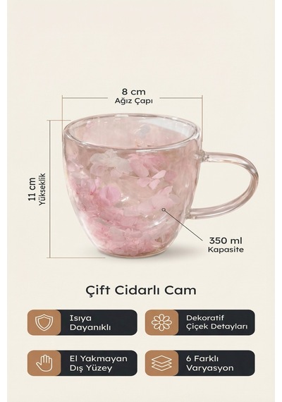 Makri Home Pembe Beyaz Çiçekli Çift Cidarlı Cam Kupa, 350 Ml, 11 Cm X 8 Cm Çok Renkli