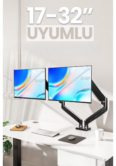 Çiftli Monitör Kolu Vesa Uyumlu Hareket Ayarlanabilir Monitör Standı 17-32" 9+9 Kg Kapasite Tutucu