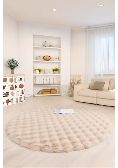 My Evilla Bubble Yuvarlak Bej Uzun Tüylü Yumuşak Peluş Kaymaz Yıkanabilir Salon Oturma Odası Balkon Halısı