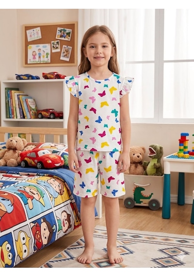Aliş Kids Kız Çocuk Pamuklu Beyaz Desenli Kolları Fırfırlı Şortlu Yazlık Pijama Takımı