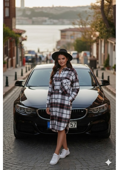 Polologin Butik Kadın Siyah-beyaz-kırmızı Kareli Uzun Oduncu Gömlek Elbise Siyah