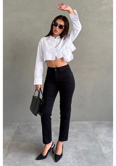 Seeh Siyah Boru Paça Kadın Kot Pantolon Sh353 Desenli Seeh Siyah Boru Paça Kadın Kot Pantolon Sh353 Desenli