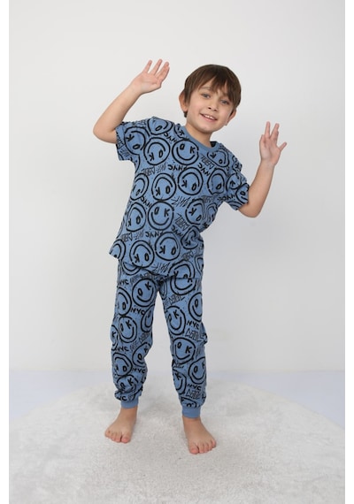 Bunny Hopp Erkek Çocuk Oyun Konsolu Desenli Kısa Kollu Yazlık Pijama Takımı %100 Pamuk Süprem Penye Bebek Mavi