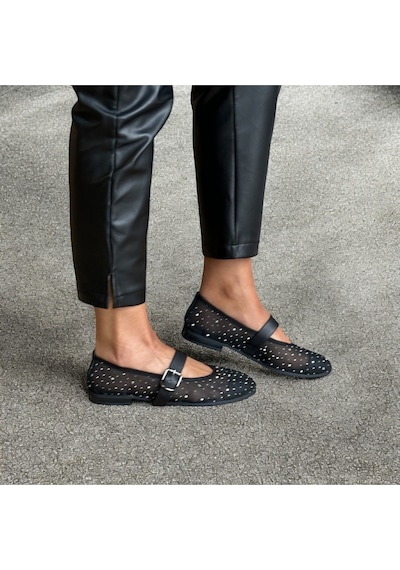 Ne&ve Shoes Siyah File Taş Detaylı Tek Bantlı Günlük Rahat Babet