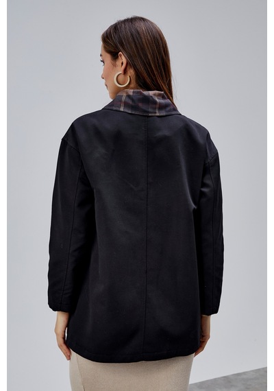 Mia Siyah Ekose Yaka Cepli Oversize Trençkot