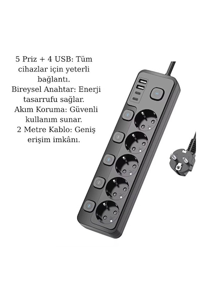 5 Li Priz + 2 Usb-a 2 Usb-c Çoklu Priz Bireysel Anahtarlı Akım Korumalı 2 Metre Kablo Hızlı Şarjlı Uzatma Kablosu 2 M