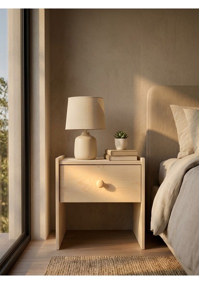 Ahşap Komodin, Tek Çekmeceli Yatak Odası Gece Standı Minimalist Yan Sehpa Açık Bej