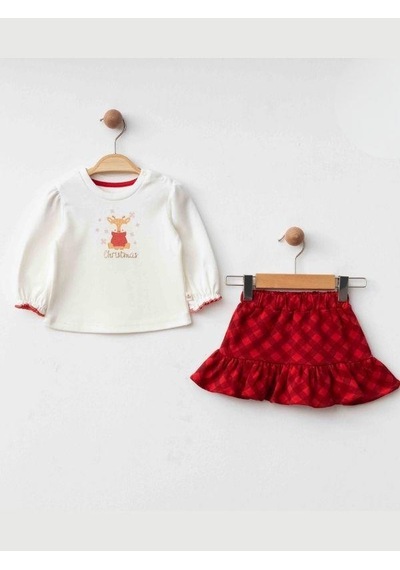 Zekids Kız Bebek Organik Yılbaşı Temalı Etekli Takım-16443 Kırmızı