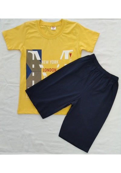 Aybeyce Newyork London Berlin Baskılı 9-12 Yaş Erkek Çocuk Şort-Tshirt Takım Sarı