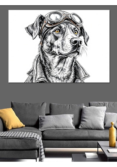 Gözlüklü Pilot Köpek Çizimi Dekoratif Kanvas - Mdf Ahşap Tablo