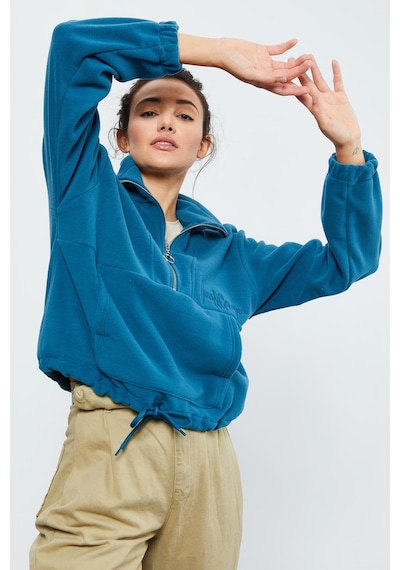 Tommy Life Zümrüt Yarım Fermuar Etek Ucu Büzgülü Kadın Polar Oversize Sweatshirt - 97171 Zümrüt Yeşili