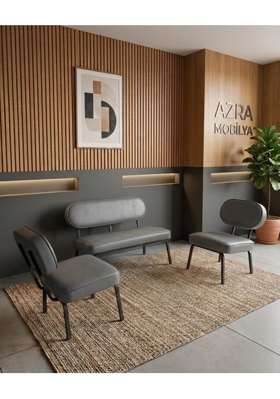 Luna 2+1+1 Deri Kumaş Ofis & Büro İş Yeri Bekleme Koltuğu Takımı Siyah Metal İskelet - Gri