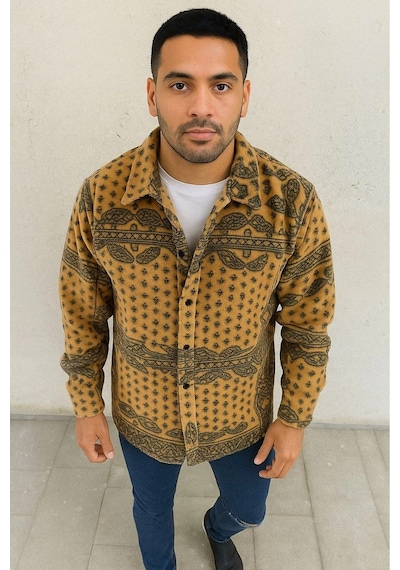 Erkek Düğmeli Gömlek Polar Sweatshirt Yumuşak Dokulu Oversize Kalıp -sarı
