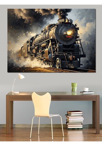 Siyah Beyaz Nostaljik Buharlı Tren Dekoratif Kanvas - Mdf Ahşap Tablo
