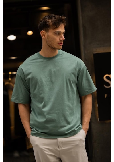 Gravel Oversize Bisiklet Yaka Pamuklu T-shirt - Su Yeşili Su Yeşili