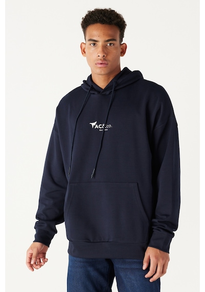 AC&Co / Altınyıldız Classics ERKEK LACI Oversize Fit Geniş Kesim Kapüşonlu Pamuklu Baskılı Sweatshirt Lacivert