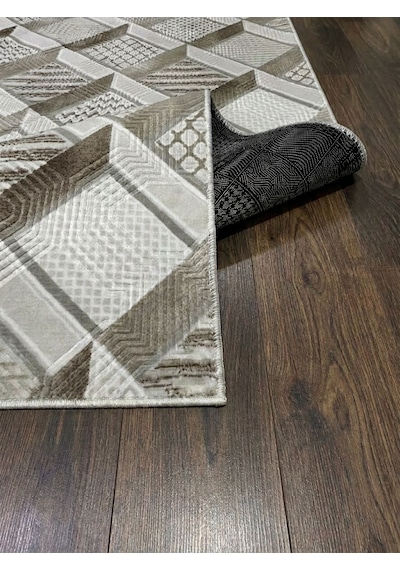 Krem Bej Modern Yıkanabilir Kabartmalı Kaymaz Taban Kesme Halı Yolluk