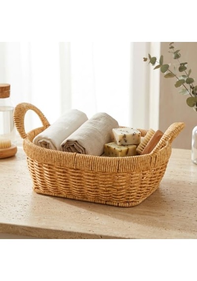 El Yapımı Doğal Hasır Sepet - Örgü Kulplu Oval Çok Amaçlı Düzenleyici Ve Sunumluk 26x20x9.50 Cm 000 Açık Krem