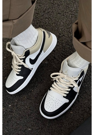 Nike Air Jordan 1 Low Leather Sneaker Hakiki Deri Erkek Spor Ayakkabı Siyah Krem Krem