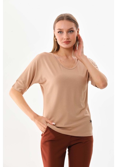 Sistas Kadın Bisiklet Yaka Kısa Kol Bluz 23009 Camel