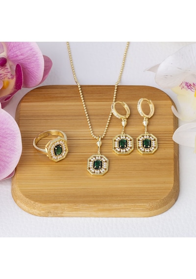 Yeşil Zirkon Taşlı Gold Rengi 925 Ayar Gümüş Kadın 3'lü Set Gold