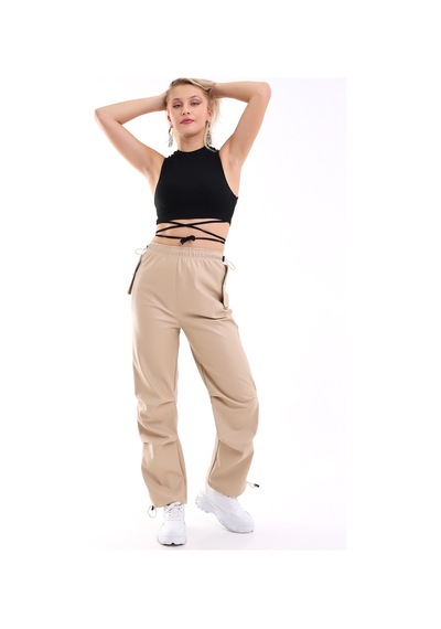 Winmoda34 Kadın Paçası Ayarlanabilir Cebi Kapaklı Yüksek Bel Deri Pantolon Krem