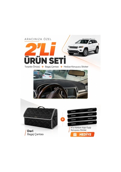 E-biz Jeep Grand Cherokee 2014-2020 Uyumlu Torpido Örtüsü + Deri Bagaj Çantası - Siyah-gri - Je002