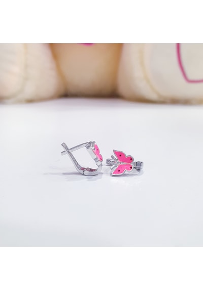 Pembe Kelebekli Gümüş Çocuk Küpesi Gümüş Renk