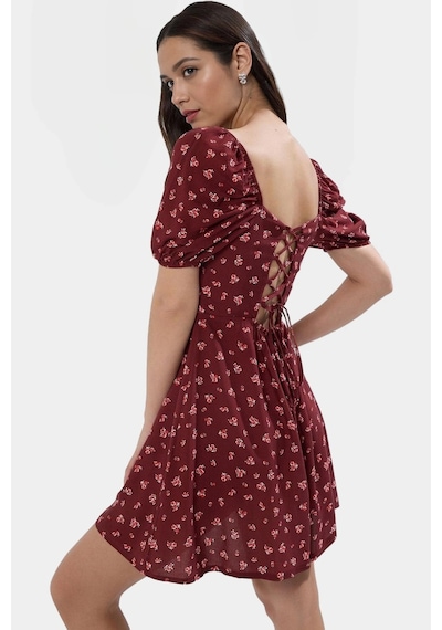 Ersefa Kısa Kollu Çiçekli Mini Elbise Viskoz Skater Rahat Yazlık Trend Bordo
