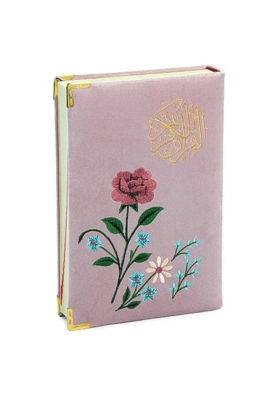 Nakışlı Kadife Kaplı Güllü Kuranı Kerim - Orta Boy - Pembe