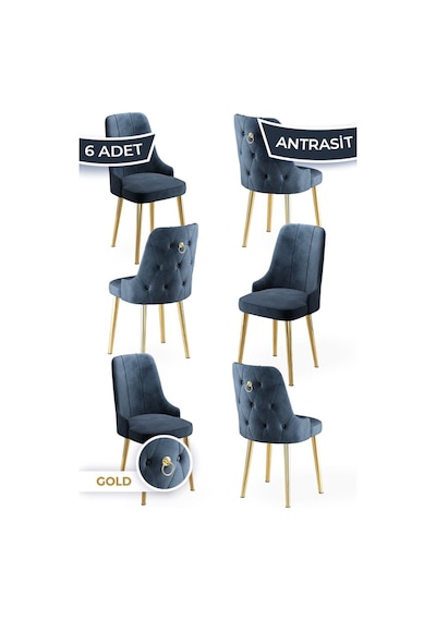 Canisa Newa Serisi 6 Adet Antrasit Sandalye 1.sınıf Babyface Kumaş Gold Kaplama Metal Ayaklı Sandalye Antrasit Ayaklar Gold
