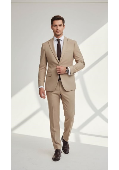 Erkek Slim Fit Mikro Desenli Takım Elbise 2 Düğmeli Çift Yırtmaçlı Modern Ceket Pantolon Takım Bej Erkek Slim Fit Mikro Desenli Takım Elbise 2 Düğmeli Çift Yırtmaçlı Modern Ceket Pantolon Takım Bej