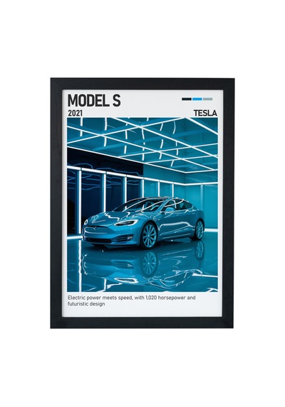 Tesla Model S Ahşap Çerçeveli Poster Tablo Elektrikli Siyah