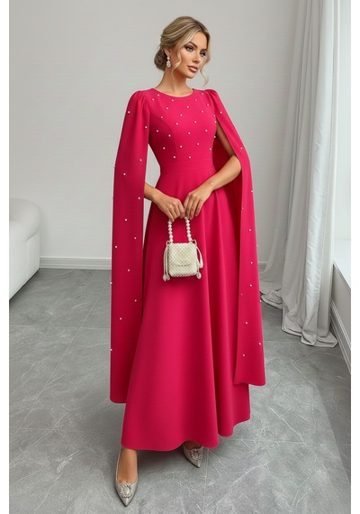 Defymoda Kadın İnci İşlemeli Şık Gece Davet Elbise Pembe