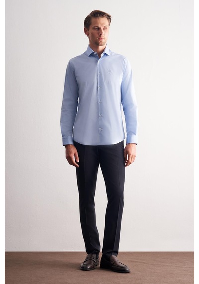 İmza Mavi Yarım İtalyan Yaka Uzun Kol Slim Fit Pamuklu Gömlek 1004255189 Mavi