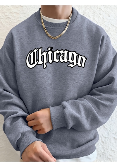 Startmore Startmorechicago Letter Baskılı Erkek Sweatshirtleri Kışlık Bisiklet Yaka Kapüşonlu Sokak Stili Polar Gri