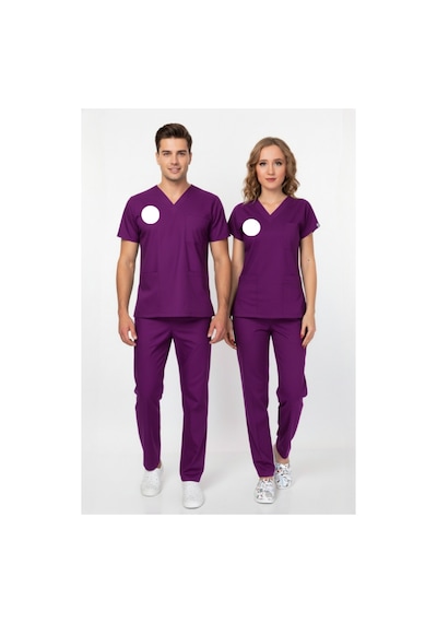 Unisex Mor Yeni Yönetmeliğe Uygun Armalı Soft Likralı Ebe Yeni Doğan Scrubs Üniforma Takımı Mor Mor