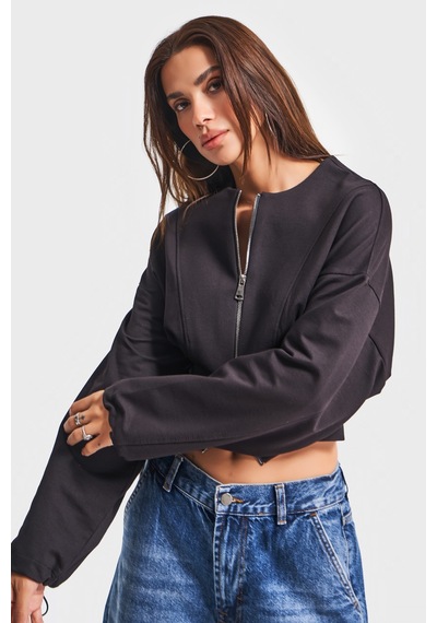 Itsbasic Kadın Siyah Renk W5-1 Bol Kesim Örme Esnek Kumaş Oversize Fermuarlı Sweatshirt