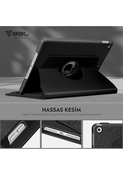 Yatay Ve Dikey 360 Derece Döner Tablet Kılıfı iPad Uyumlu 9.nesil 10.2 Siyah Arka Kapak