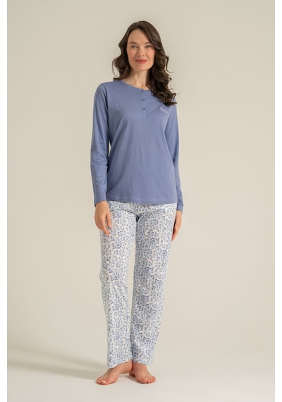 Pierre Cardin Kadın Mavi Düğmeli Yaka Uzun Kol Pijama Takım Pc9270-s-v1 Pc9270-s-v1