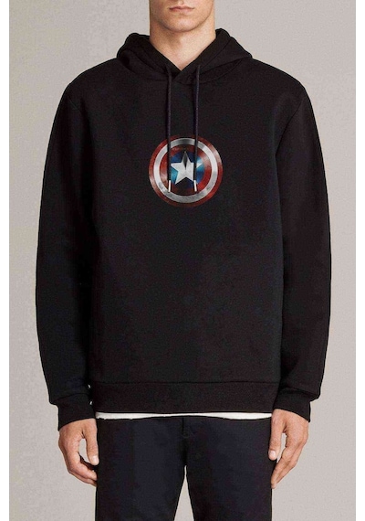 Captain Baskılı Siyah Erkek Örme Kapşonlu Sweatshirt (531018066)
