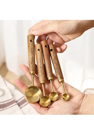 4 Parça Bambu Saplı Ölçü Kaşığı Seti, Gold Renk, Paslanmaz Çelik Diğer